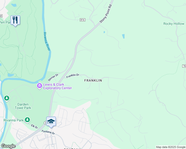 map of restaurants, bars, coffee shops, grocery stores, and more near 1750 Franklin Drive in Charlottesville