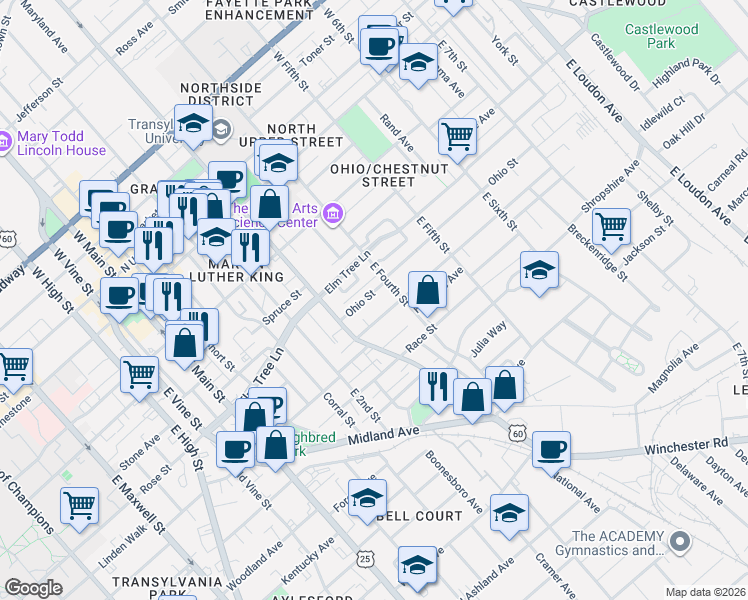 map of restaurants, bars, coffee shops, grocery stores, and more near 320 Ohio Street in Lexington