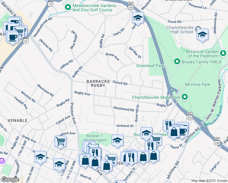 map of restaurants, bars, coffee shops, grocery stores, and more near 1107 Wellford Street in Charlottesville