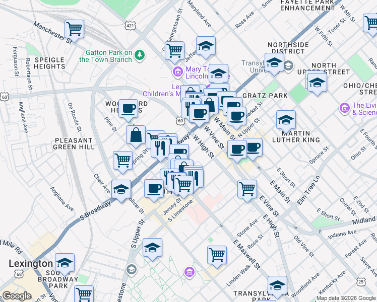 map of restaurants, bars, coffee shops, grocery stores, and more near 359 South Mill Street in Lexington