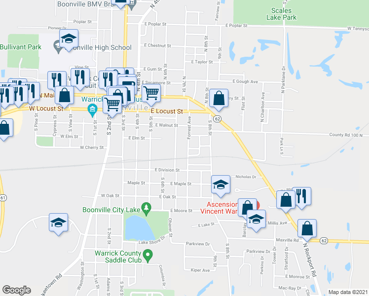 map of restaurants, bars, coffee shops, grocery stores, and more near 417 Forrest Avenue in Boonville
