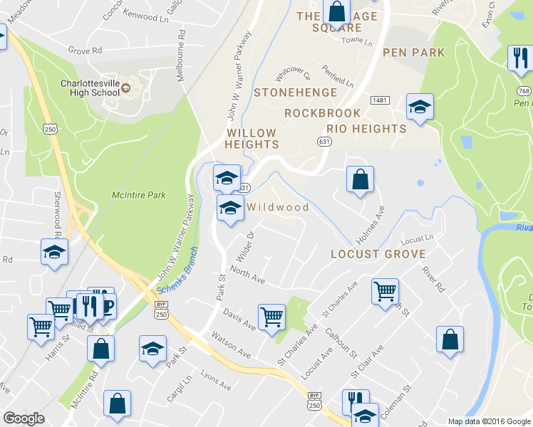 map of restaurants, bars, coffee shops, grocery stores, and more near 1115 Cottonwood Rd in Charlottesville