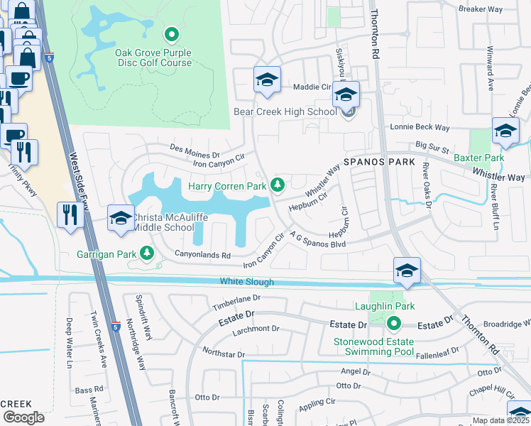 map of restaurants, bars, coffee shops, grocery stores, and more near 3425 Mesa Verde Circle in Stockton