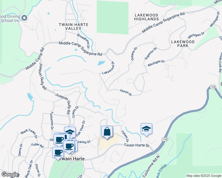 map of restaurants, bars, coffee shops, grocery stores, and more near 18953 Huron Drive in Twain Harte