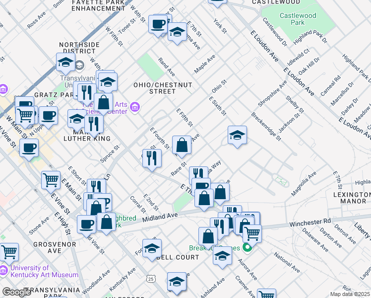 map of restaurants, bars, coffee shops, grocery stores, and more near 430 Hawkins Avenue in Lexington