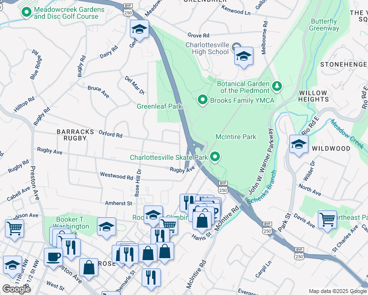 map of restaurants, bars, coffee shops, grocery stores, and more near 1208 Sherwood Road in Charlottesville