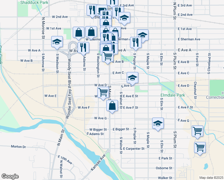 map of restaurants, bars, coffee shops, grocery stores, and more near 400 South Main Street in Hutchinson