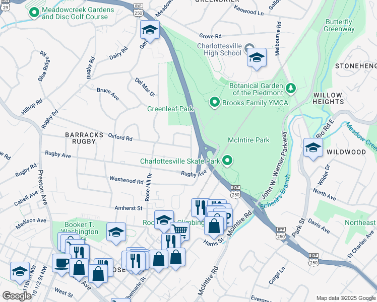 map of restaurants, bars, coffee shops, grocery stores, and more near 1400 Oxford Road in Charlottesville