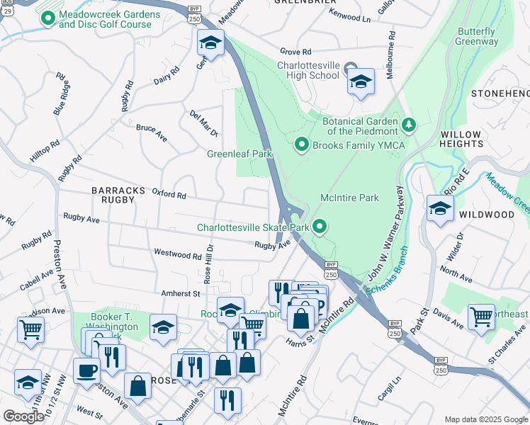 map of restaurants, bars, coffee shops, grocery stores, and more near 1400 Oxford Road in Charlottesville