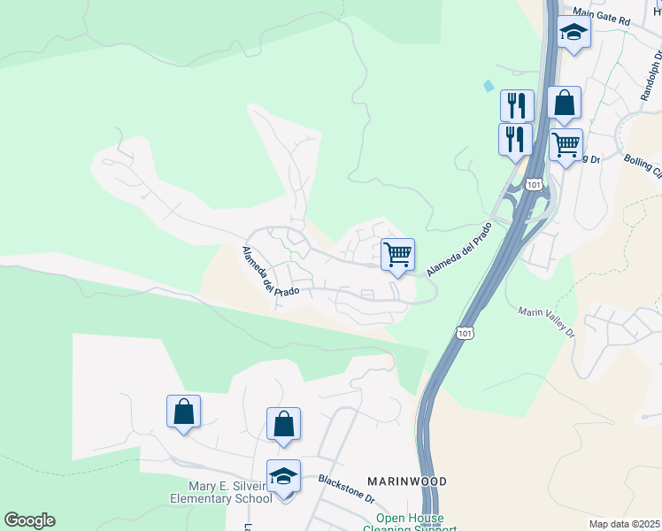 map of restaurants, bars, coffee shops, grocery stores, and more near 113 Quail Court in Novato