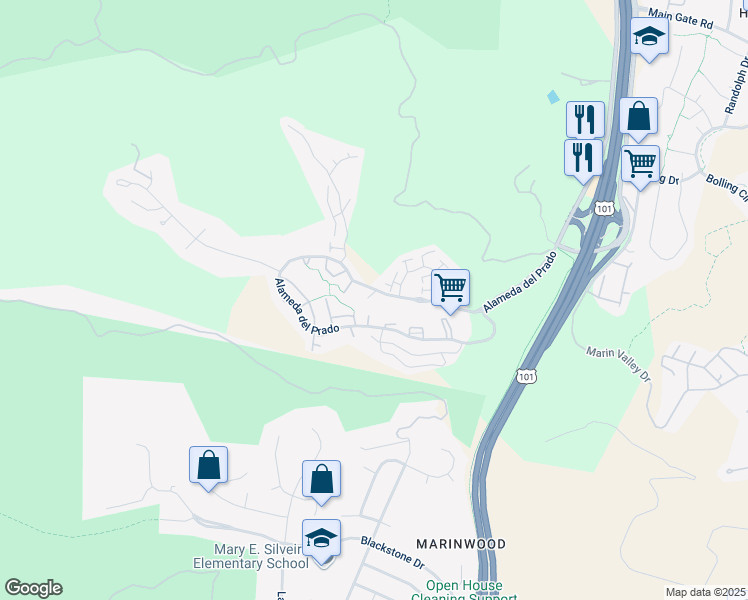map of restaurants, bars, coffee shops, grocery stores, and more near 113 Quail Court in Novato
