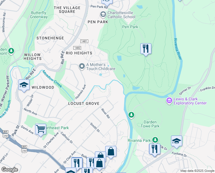 map of restaurants, bars, coffee shops, grocery stores, and more near 111 Megan Court in Charlottesville