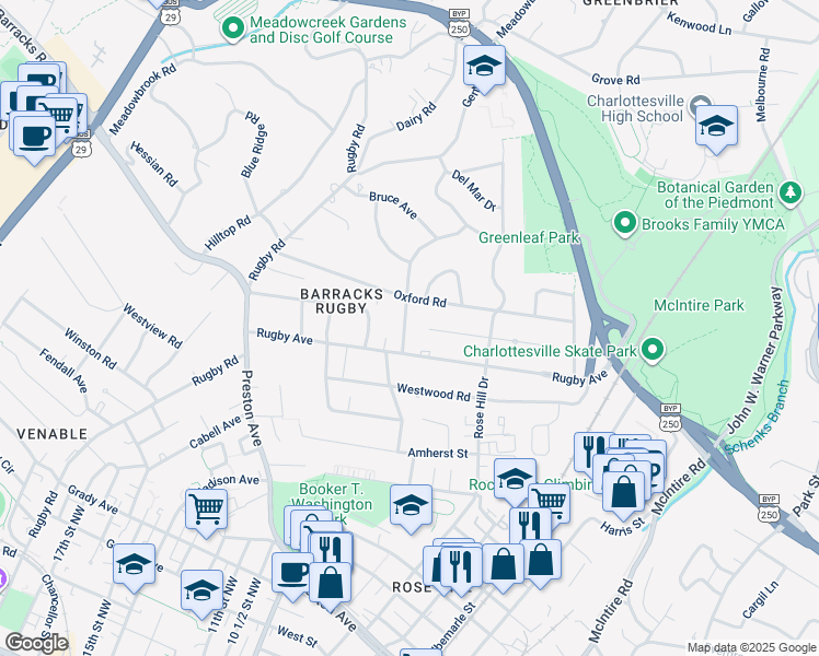map of restaurants, bars, coffee shops, grocery stores, and more near 1525 Rugby Avenue in Charlottesville
