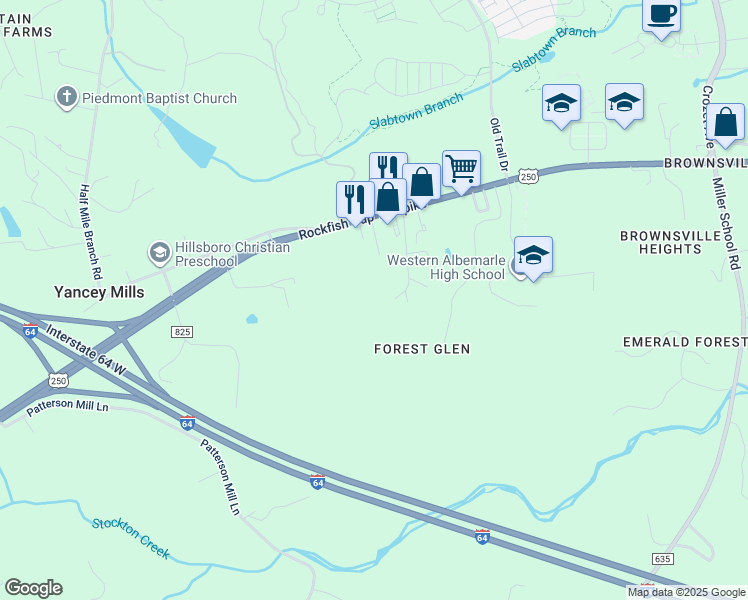 map of restaurants, bars, coffee shops, grocery stores, and more near 6133 Rockfish Gap Turnpike in Crozet
