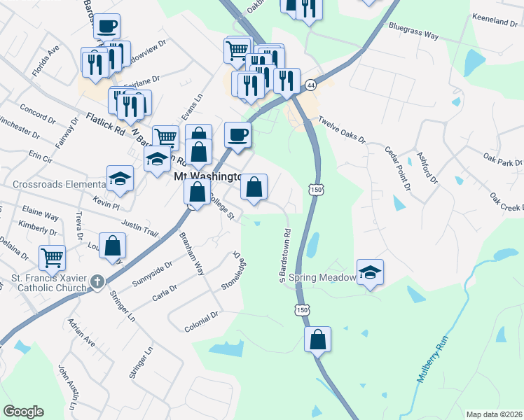 map of restaurants, bars, coffee shops, grocery stores, and more near 273 South Bardstown Road in Mount Washington