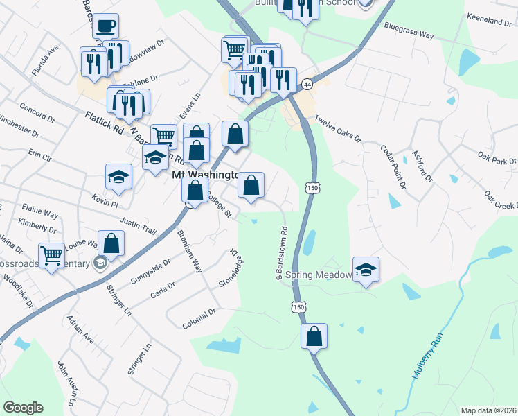 map of restaurants, bars, coffee shops, grocery stores, and more near 273 South Bardstown Road in Mount Washington