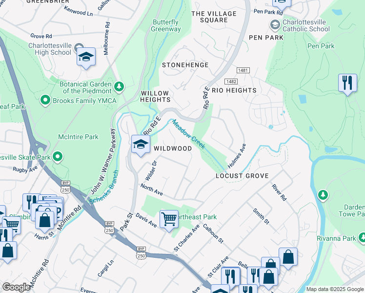 map of restaurants, bars, coffee shops, grocery stores, and more near 1100 Cottonwood Road in Charlottesville