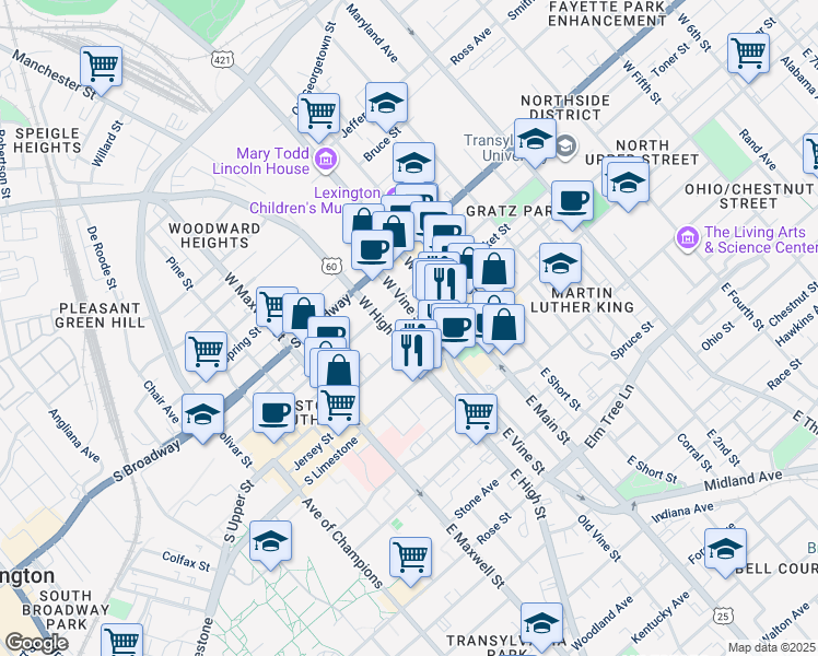 map of restaurants, bars, coffee shops, grocery stores, and more near 300 South Upper Street in Lexington