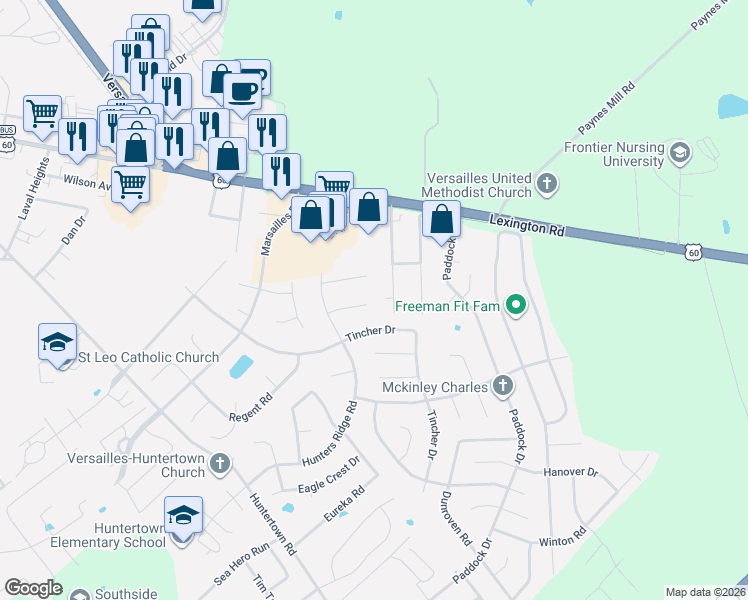 map of restaurants, bars, coffee shops, grocery stores, and more near 409 Foxhound Court in Versailles
