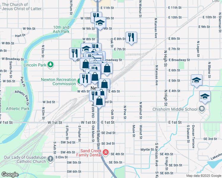 map of restaurants, bars, coffee shops, grocery stores, and more near 209 E 4th St in Newton