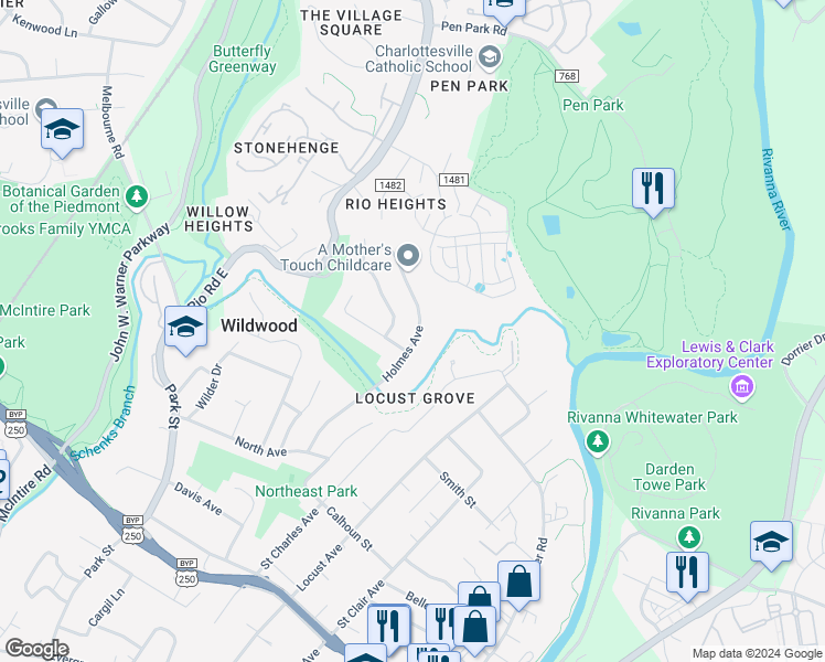 map of restaurants, bars, coffee shops, grocery stores, and more near 1207 Holmes Avenue in Charlottesville