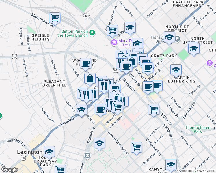 map of restaurants, bars, coffee shops, grocery stores, and more near 367 South Broadway in Lexington