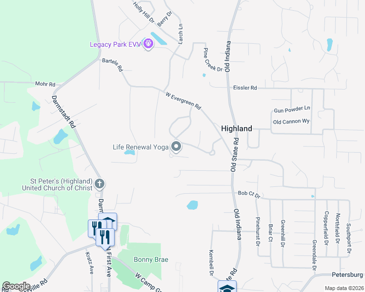 map of restaurants, bars, coffee shops, grocery stores, and more near 7501 Meadowview Dr in Evansville