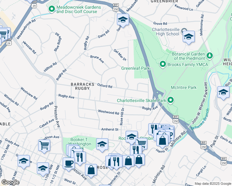 map of restaurants, bars, coffee shops, grocery stores, and more near 1515 Rutledge Avenue in Charlottesville