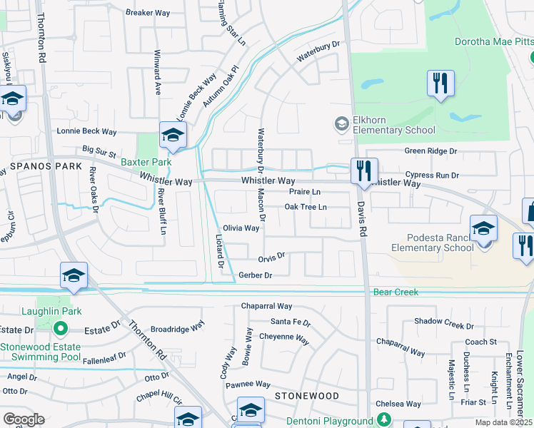 map of restaurants, bars, coffee shops, grocery stores, and more near 10162 Macon Drive in Stockton