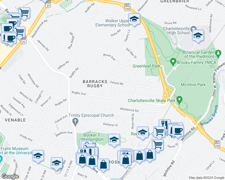 map of restaurants, bars, coffee shops, grocery stores, and more near 1543 Rugby Avenue in Charlottesville