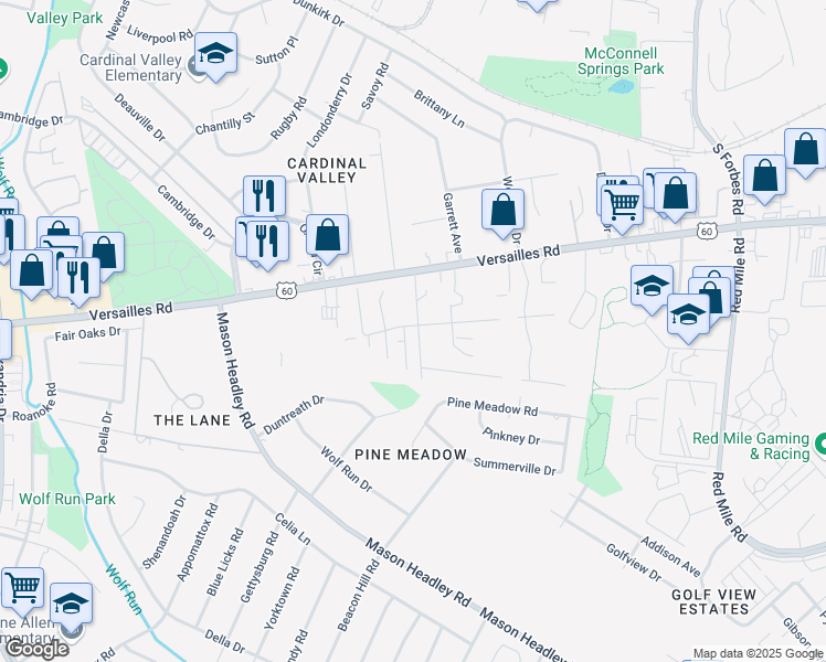 map of restaurants, bars, coffee shops, grocery stores, and more near 736 Terrace View Drive in Lexington