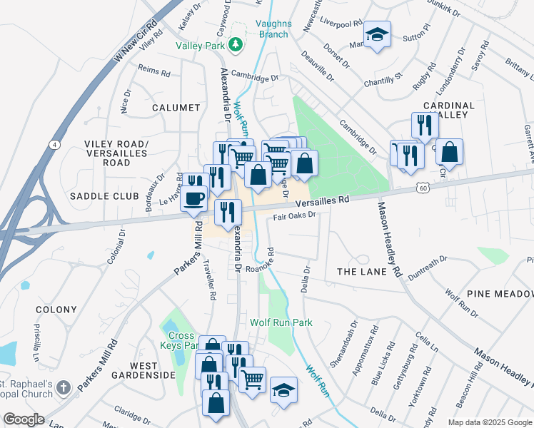 map of restaurants, bars, coffee shops, grocery stores, and more near 1504 Roanoke Road in Lexington