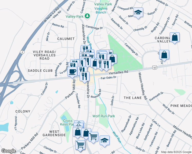 map of restaurants, bars, coffee shops, grocery stores, and more near 1504 Roanoke Road in Lexington