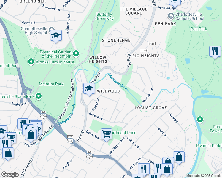 map of restaurants, bars, coffee shops, grocery stores, and more near 382 Wildwood Court in Charlottesville