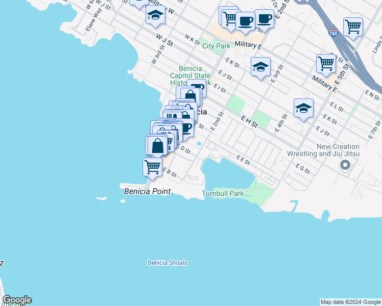 map of restaurants, bars, coffee shops, grocery stores, and more near 165 East D Street in Benicia