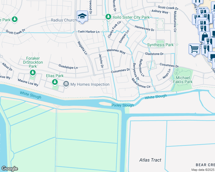 map of restaurants, bars, coffee shops, grocery stores, and more near 10110 Bay Harbor Drive in Stockton