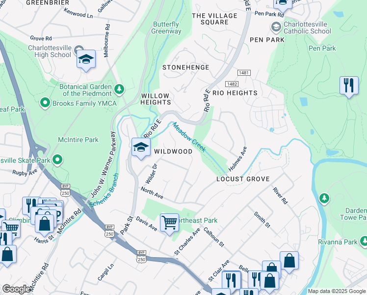 map of restaurants, bars, coffee shops, grocery stores, and more near 1100 Cottonwood Road in Charlottesville