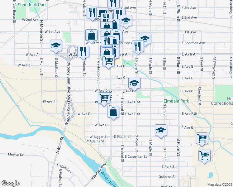 map of restaurants, bars, coffee shops, grocery stores, and more near 400 South Main Street in Hutchinson