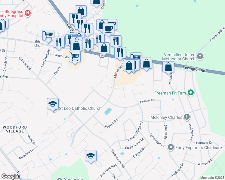 map of restaurants, bars, coffee shops, grocery stores, and more near 436 Marsailles Road in Versailles