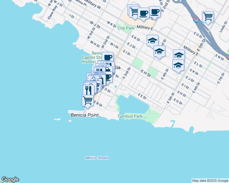 map of restaurants, bars, coffee shops, grocery stores, and more near 352 East 2nd Street in Benicia