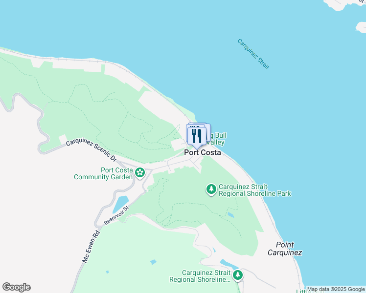 map of restaurants, bars, coffee shops, grocery stores, and more near 54 Canyon Lake Drive in Port Costa