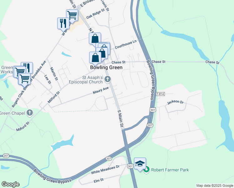 map of restaurants, bars, coffee shops, grocery stores, and more near 153 South Main Street in Bowling Green