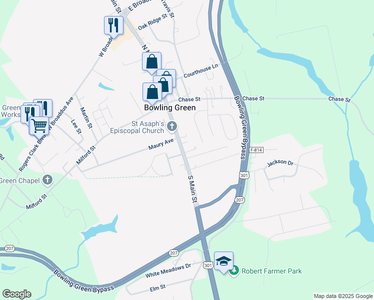 map of restaurants, bars, coffee shops, grocery stores, and more near 153 South Main Street in Bowling Green