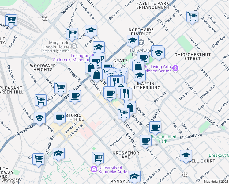 map of restaurants, bars, coffee shops, grocery stores, and more near 115 West Main Street in Lexington