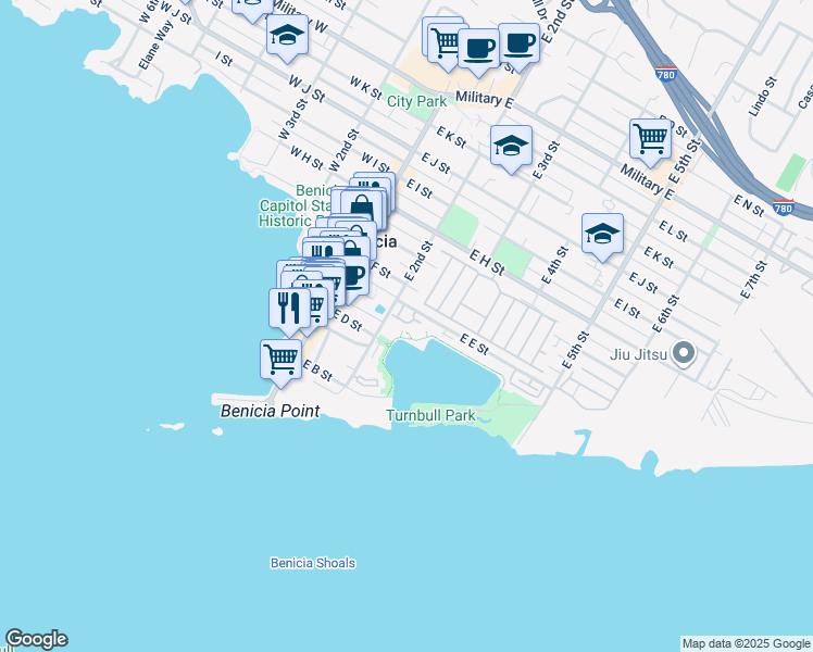 map of restaurants, bars, coffee shops, grocery stores, and more near 222 East E Street in Benicia