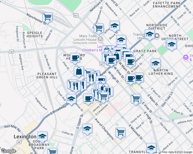 map of restaurants, bars, coffee shops, grocery stores, and more near 355 South Broadway in Lexington