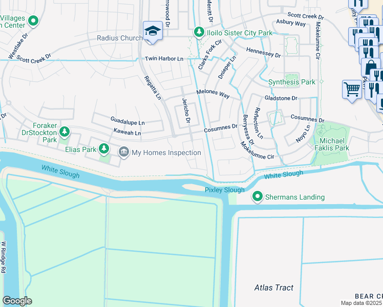 map of restaurants, bars, coffee shops, grocery stores, and more near 10117 Bay Harbor Drive in Stockton