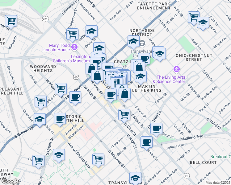 map of restaurants, bars, coffee shops, grocery stores, and more near 115 West Main Street in Lexington