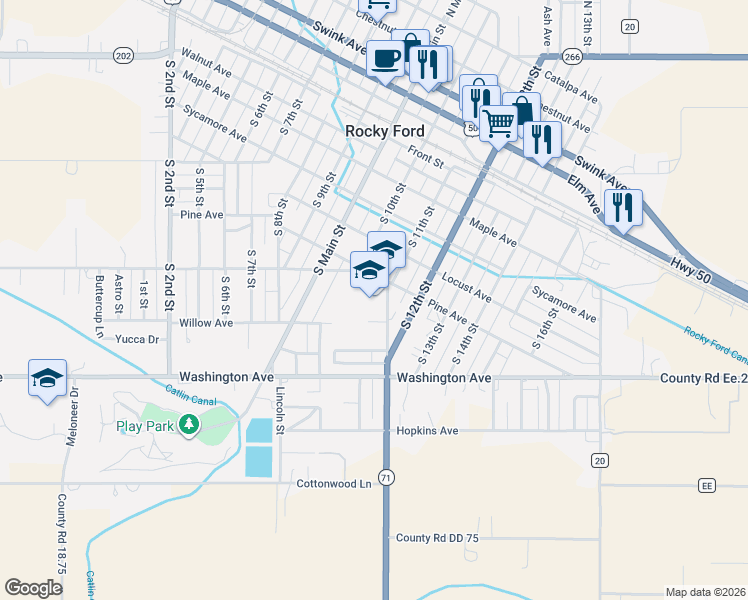 map of restaurants, bars, coffee shops, grocery stores, and more near 1048-1080 Pine Ave in Rocky Ford