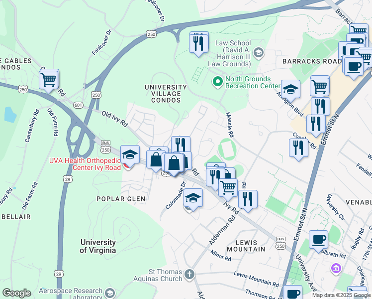 map of restaurants, bars, coffee shops, grocery stores, and more near 111 Ivy Drive in Charlottesville